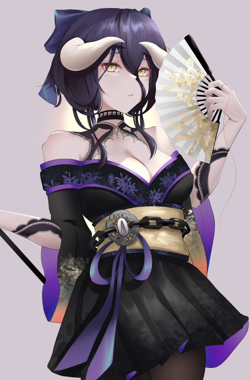 1girl absurdres albedo_(overlord) alternate_costume black_hair breasts cleavage demon_girl folding_fan hair_between_eyes hand_fan highres horns japanese_clothes kimono large_breasts looking_at_viewer nicksuslin overlord_(maruyama) short_hair slit_pupils solo yellow_eyes