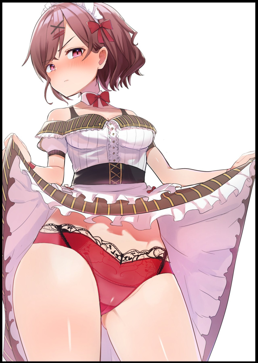 1girl ass_visible_through_thighs bangs blush bow bowtie breasts brown_hair caburi cameltoe clothes_lift cowboy_shot detached_collar dress frills hair_ornament hairclip highres higuchi_madoka idolmaster idolmaster_shiny_colors lifted_by_self lingerie looking_at_viewer medium_breasts mole mole_under_eye purple_eyes short_hair skirt skirt_lift solo swept_bangs thighs underwear white_background