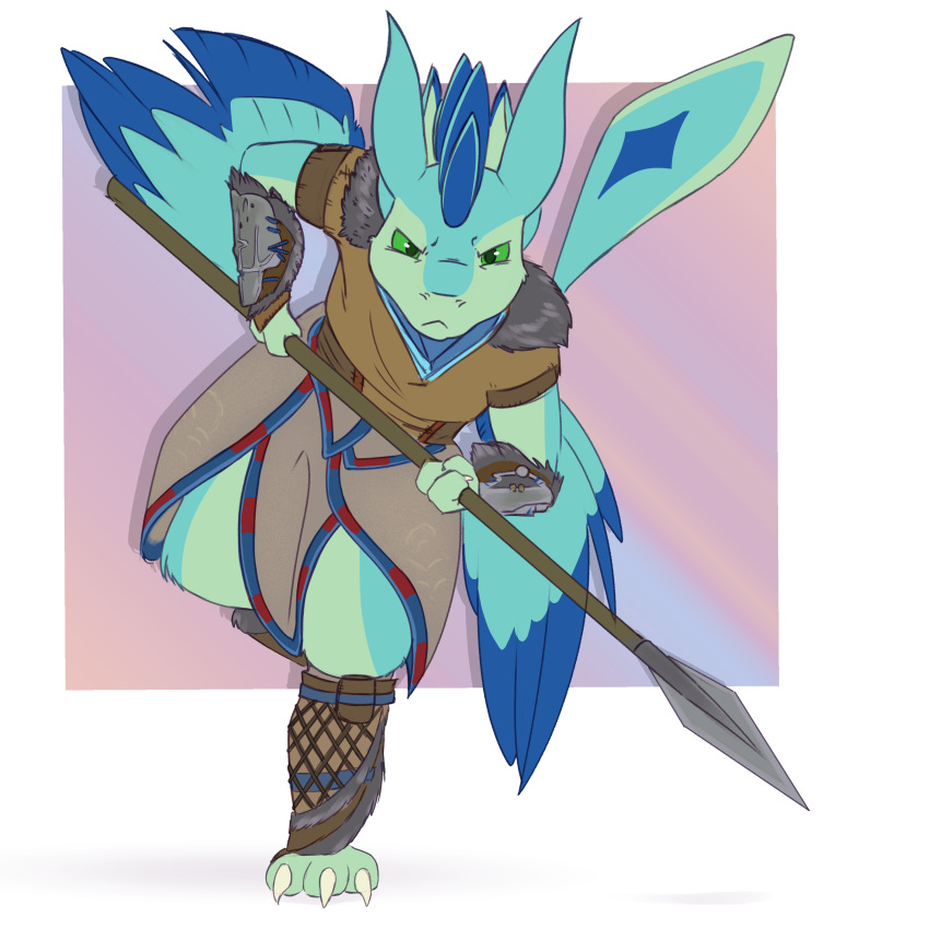 4_ears absurd_res aloy anthro avali avali_(original) blue_body blue_feathers clothing cosplay countershading dewclaw digitigrade feathered_crest feathered_wings feathers female green_body green_eyes head_crest hi_res luvashi melee_weapon multi_ear polearm scruffasus spear weapon winged_arms wings