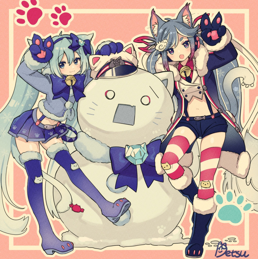 2girls :3 :o adapted_costume animal_ears animal_hands bell black_coat black_footwear black_gloves black_necktie black_shorts blue_bow blue_bowtie blue_coat blue_eyes blue_gloves blue_hair blue_skirt blue_thighhighs boots bow bowtie buttons cat_ears cat_tail coat commentary crab cropped_jacket double-breasted dual_persona facial_mark framed_image fur-trimmed_boots fur-trimmed_coat fur-trimmed_thighhighs fur_trim gem gloves hachune_miku hair_bow hair_ribbon hamudetsu hat hatsune_miku heart heart-shaped_pupils highres jacket leaning_forward leg_up light_blue_hair long_hair looking_at_viewer midriff military military_uniform miniskirt multiple_girls naval_uniform neck_bell necktie nyan_ko_(module) o_o open_mouth paw_gloves paw_print peaked_cap pink_background pleated_skirt project_diva_(series) red_ribbon red_shirt red_thighhighs ribbon shirt short_shorts shorts signature skirt smile snowman standing standing_on_one_leg striped striped_thighhighs suspender_shorts suspender_skirt suspenders symbol-shaped_pupils tail thighhighs trait_connection twintails uniform v very_long_hair vocaloid wavy_hair whisker_markings white_hair white_jacket yuki_miku yuki_miku_(2012) yuki_miku_(2022)