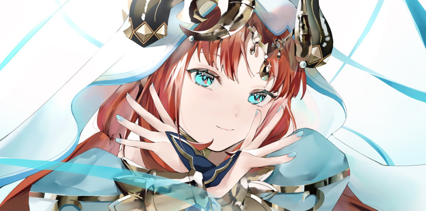 1girl aqua_eyes bangs blue_nails circlet closed_mouth dekitateomoti forehead_jewel genshin_impact highres horns long_hair long_sleeves looking_at_viewer low_twintails nail_polish nilou_(genshin_impact) parted_bangs portrait puffy_long_sleeves puffy_sleeves red_hair simple_background smile solo twintails vambraces veil water white_background x_arms