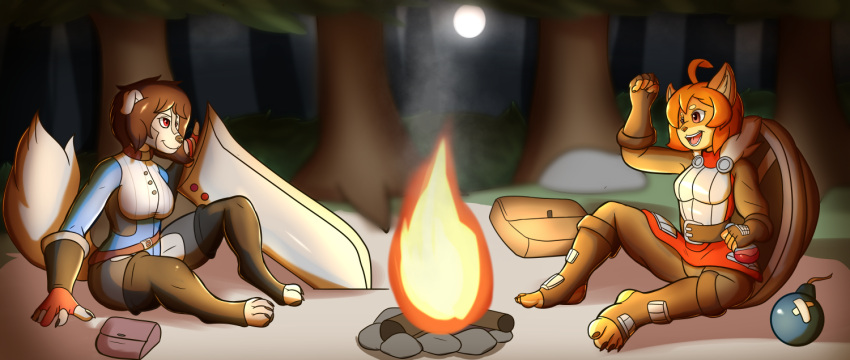 adventurer anthro bonfire canid canine canis dog_knight_rpg domestic_dog duo female maci_(ceehaz) mammal melee_weapon shield sword thony_dog warrior weapon