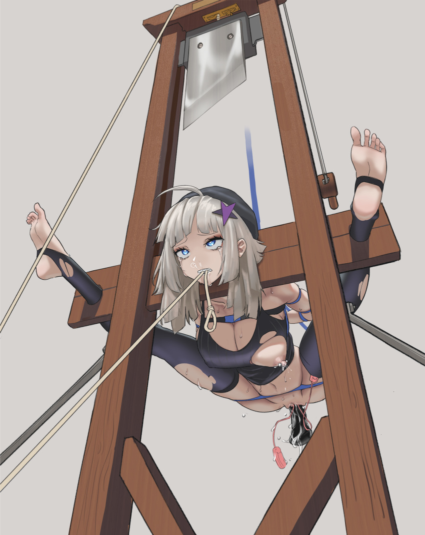 1girl aa-12_(girls'_frontline) ahoge beret black_shirt black_thighhighs blue_eyes breasts dildo dozm_(txnmb) execution girls'_frontline grey_hair guillotine hat highres lactation lactation_through_clothes large_breasts long_hair masturbation mouth_hold nipple_piercing nipples object_insertion piercing sex_toy shirt solo thighhighs vaginal vaginal_object_insertion vibrator