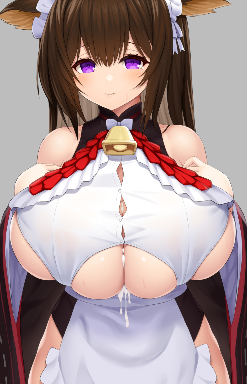 1girl animal_ears asamura_hiori azur_lane bell blush bow breasts brown_hair cow_ears cow_girl cow_horns cowbell embarrassed highres hip_vent horns huge_breasts kashino_(azur_lane) kashino_(maid_for_mayhem)_(azur_lane) large_bow long_hair looking_at_viewer maid_headdress purple_eyes solo suggestive_fluid sweat tearing_up tears
