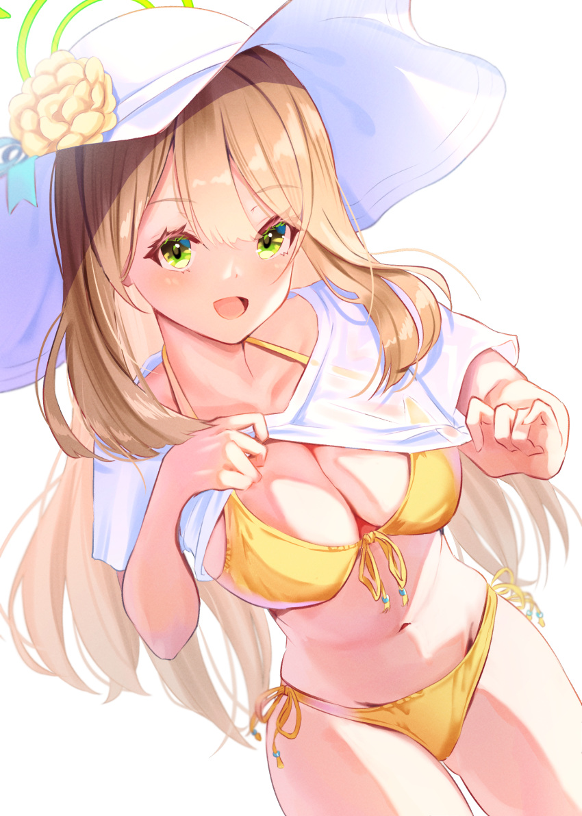 1girl bangs bikini blue_archive blush breasts brown_hair cleavage clothes_lift collarbone cowboy_shot dutch_angle flower front-tie_bikini_top front-tie_top green_eyes hair_between_eyes halo hat hat_flower highres large_breasts lifted_by_self long_hair looking_at_viewer nanashi_(74_nanashi) navel nonomi_(blue_archive) nonomi_(swimsuit)_(blue_archive) open_mouth shirt shirt_lift short_sleeves side-tie_bikini_bottom simple_background skindentation smile solo standing stomach swept_bangs swimsuit thighs very_long_hair white_background white_headwear white_shirt yellow_bikini yellow_flower