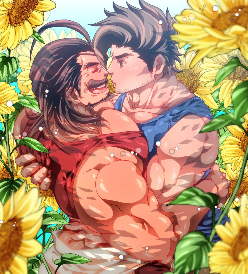 2boys :o bara black_hair blue_tank_top closed_eyes day eugen_(granblue_fantasy) facial_hair flower granblue_fantasy harukatti highres large_pectorals looking_at_another male_focus mature_male multiple_boys muscular muscular_male mustache open_mouth outdoors pectorals rackam_(granblue_fantasy) red_tank_top short_hair smile sunflower tank_top upper_body