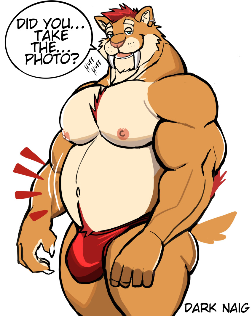 2022 absurd_res anthro artist_name barazoku belly biceps big_belly big_bulge big_muscles breath bulge claws clothed clothing darknaigart dialogue ear_piercing ear_ring emanata english_text eyebrows fangs felid fur hair hi_res huge_muscles looking_at_viewer machairodontine male mammal motion_lines musclegut muscular muscular_anthro muscular_male narrowed_eyes navel nipples open_mouth open_smile panting pecs piercing ring_piercing sabertooth_(anatomy) simple_background smile solo standing talking_to_viewer teeth text thick_thighs thong tongue topless topless_anthro topless_male tuft underwear white_background