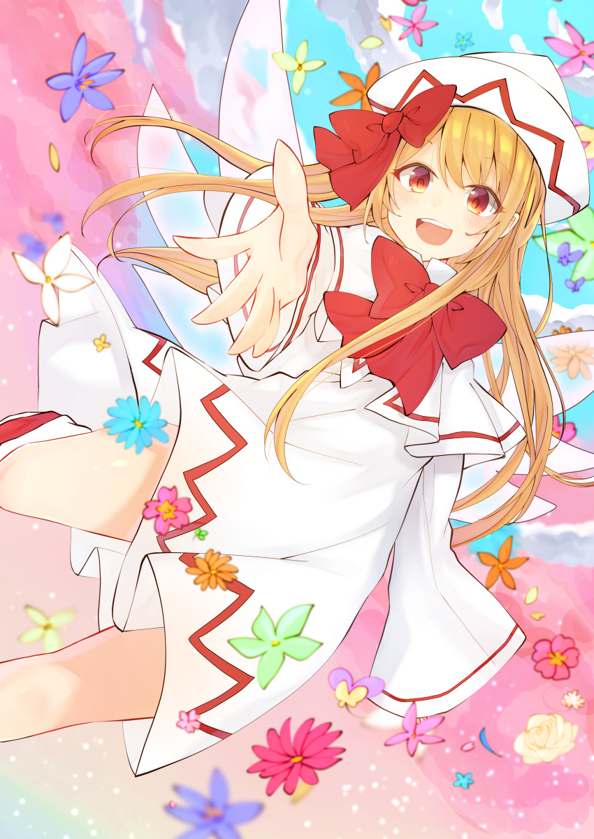 1girl absurdres blonde_hair bow bowtie capelet commentary danmaku dress dutch_angle fairy fairy_wings flower happy hat hat_bow highres lily_white long_hair open_mouth orange_eyes red_bow red_bowtie solanikieru solo touhou very_long_hair white_capelet white_dress white_headwear wide_sleeves wings