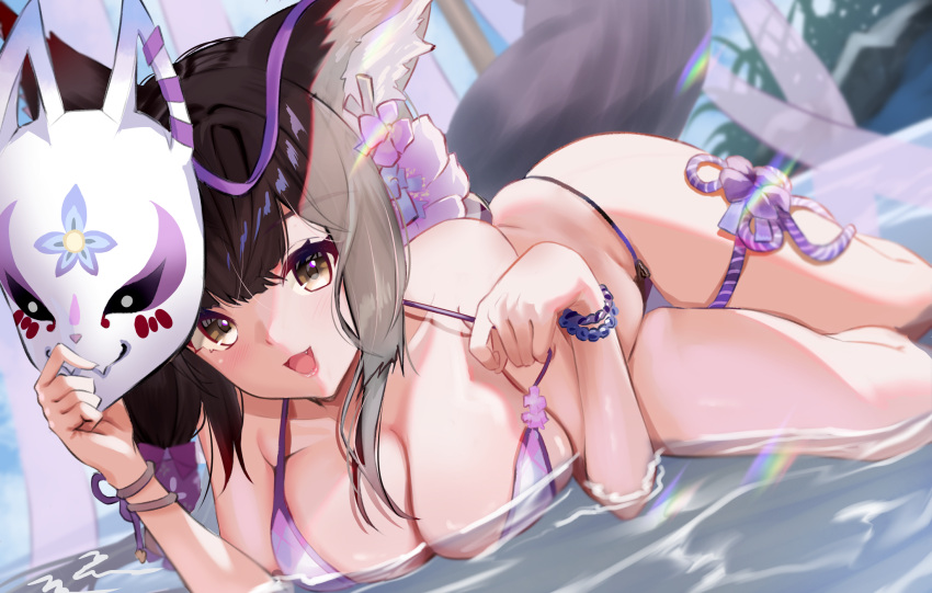 1girl :d animal_ear_fluff animal_ears bangs bare_shoulders bikini blue_archive blurry blurry_background blush bracelet breasts brown_eyes brown_hair cleavage collarbone day dutch_angle fang fox_ears fox_girl fox_mask fox_tail hair_ornament highres holding holding_mask jewelry large_breasts long_hair looking_at_viewer lying mask micro_bikini nanashi_(74_nanashi) open_mouth outdoors partially_submerged purple_bikini sidelocks skindentation smile solo swimsuit swimsuit_tug tail thigh_strap thighs wakamo_(blue_archive) wakamo_(swimsuit)_(blue_archive) water
