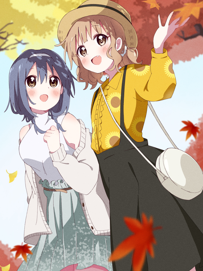 2girls :d absurdres autumn_leaves bangs bare_shoulders belt black_skirt blue_hair blurry blurry_background blurry_foreground blush braid breasts brown_belt brown_eyes brown_headwear cardigan casual center_frills collared_shirt commentary_request day falling_leaves fang floral_print frills furutani_himawari green_skirt grey_cardigan hairband hand_up happy hat highres large_breasts leaf light_brown_hair long_skirt long_sleeves looking_at_another medium_hair mesushio multiple_girls oomuro_sakurako open_cardigan open_clothes open_mouth outdoors pleated_skirt print_shirt shirt shirt_tucked_in skirt sleeveless sleeveless_shirt sleeveless_turtleneck smile split_mouth standing sunflower_print suspender_skirt suspenders tree turtleneck twin_braids wavy_hair white_hairband white_shirt yellow_shirt yuru_yuri