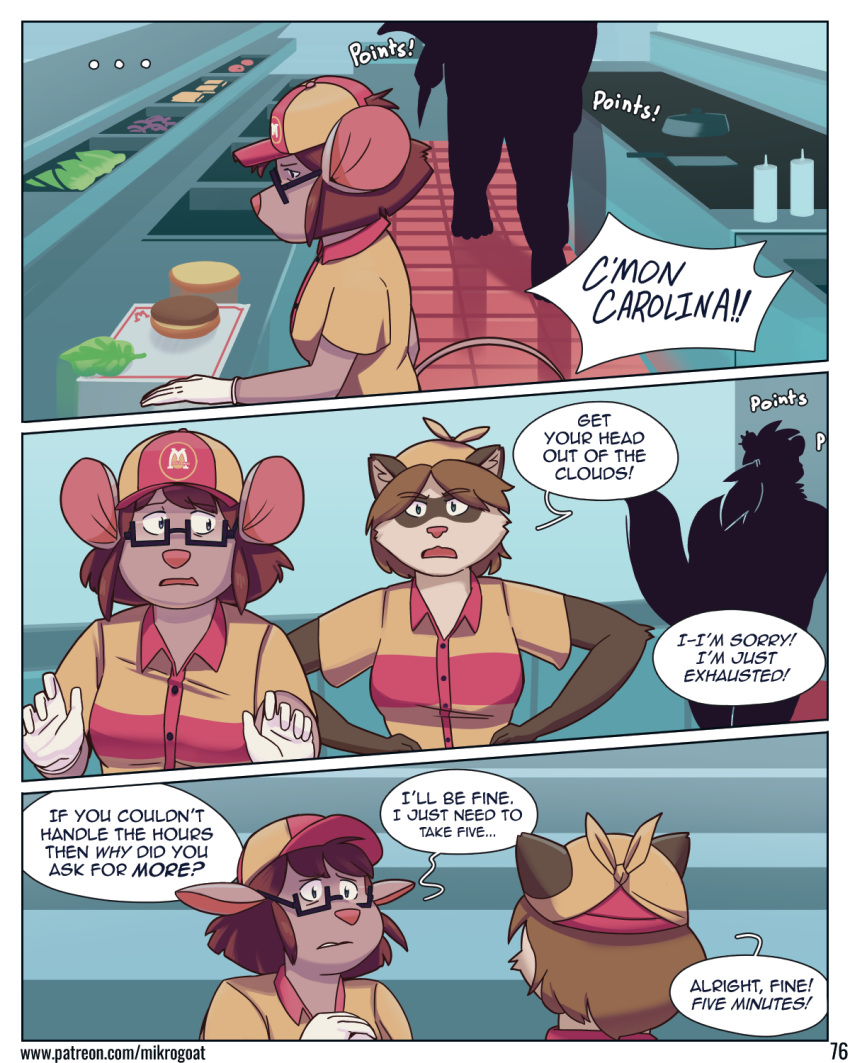 4:5 anthro bandanna big_ears burger carolina_(mikrogoat) clothed clothing comic detailed_background dialogue digital_media_(artwork) distracted domestic_ferret duo ellipsis english_text fast_food fast_food_employee fast_food_restaurant female food gloves grill hands_on_hips handwear hat headgear headwear hi_res inside kerchief lettuce mammal mikrogoat mouse murid murine mustela mustelid musteline onion plant rodent shirt silhouette speech_bubble standing text tired topwear true_musteline uniform url vegetable working yelling