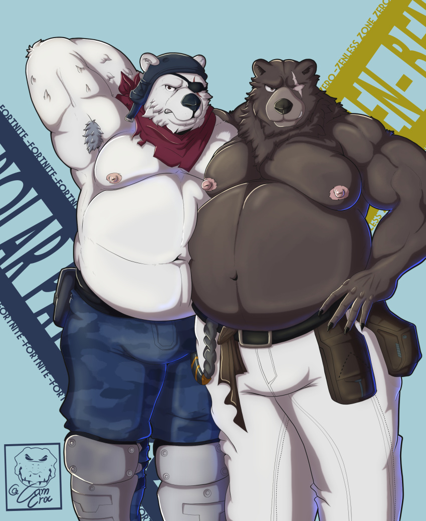 1_eye absurd_res anthro armpit_hair belly ben_(zenless_zone_zero) body_hair bottomwear camcroc clothing duo epic_games eye_patch eyewear fortnite hi_res looking_at_viewer male male/male mammal mihoyo overweight overweight_male pants polar_patroller slightly_chubby ursid video_games zenless_zone_zero