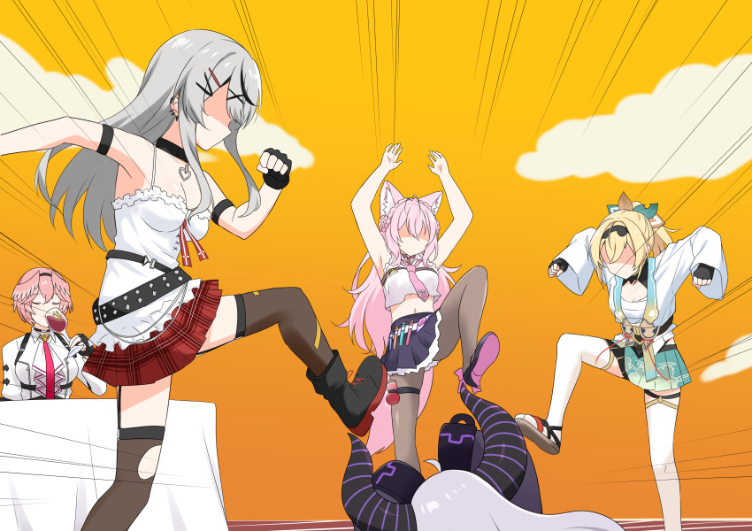 absurdres ahoge alcohol antenna_hair black_collar black_hair blonde_hair breasts camisole chest_sarashi cleavage closed_eyes collar coyote_ears coyote_girl coyote_tail crop_top cup demon_horns drinking drinking_glass emphasis_lines faceless faceless_female felutiahime fingerless_gloves gloves grey_hair hakui_koyori head_wings highres hololive holox horns jojo_no_kimyou_na_bouken kazama_iroha kicking la+_darknesss large_breasts medium_breasts midriff miniskirt navel necktie pantyhose parody pink_hair pink_necktie ponytail purple_hair sakamata_chloe sarashi scene_reference shirt short_hair sidelocks skirt sleeveless sleeveless_shirt sleeves_past_fingers sleeves_past_wrists striped_horns table takane_lui test_tube thighhighs vento_aureo virtual_youtuber wine wine_glass