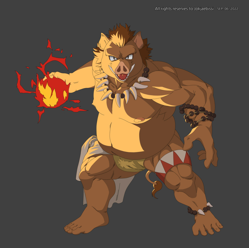 2022 anthro belly bottomwear clothing fire humanoid_hands jokjaebissi kemono loincloth magic male mammal moobs musclegut nipples overweight overweight_male solo suid suina sus_(pig) wild_boar