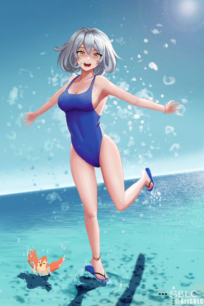 1girl :d absurdres alternate_hairstyle artist_name bangs bare_shoulders bird blue_one-piece_swimsuit breasts cleavage collarbone competition_school_swimsuit covered_navel fire_emblem fire_emblem:_radiant_dawn fire_emblem_heroes flip-flops full_body grey_hair highres horizon legs long_hair looking_at_viewer medium_breasts micaiah_(fire_emblem) one-piece_swimsuit open_mouth running sandals sblcart school_swimsuit shadow smile solo sunlight swimsuit twitter_username water yellow_eyes yune_(fire_emblem)
