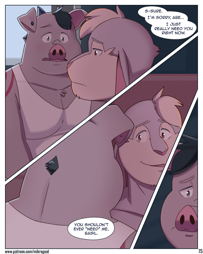 4:5 abe_(mikrogoat) anthro arm_tattoo basil_(mikrogoat) clothed clothing comic detailed_background dialogue digital_media_(artwork) domestic_pig duo ear_piercing english_text frown fur hair hi_res inside lagomorph leporid looking_at_another male mammal mikrogoat open_mouth overweight overweight_male piercing rabbit sad shirt speech_bubble suid suina sus_(pig) tank_top tattoo text topwear url