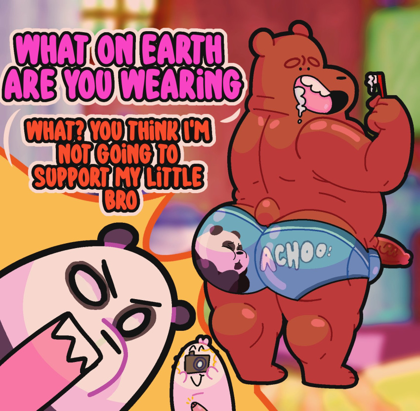2022 anthro anukkyt black_body brown_body butt camera cartoon_network clothing dot_eyes english_text genitals giant_panda grizzly_(wbb) group hi_res ice_bear male mammal overweight overweight_male panda_(wbb) penis text underwear ursid we_bare_bears white_body