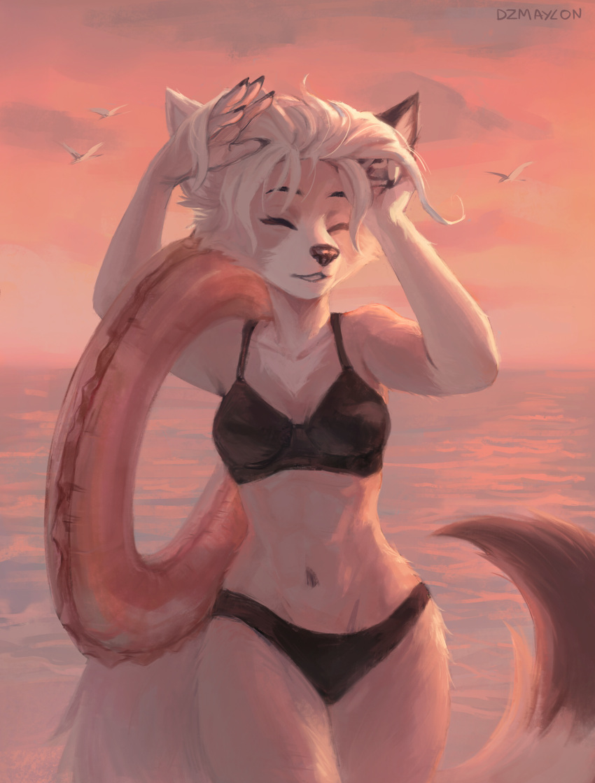 abs absurd_res anthro beach canid canine canis clothing cute_expression dzmaylon eyes_closed female hi_res mammal maven_kinkade navel pool_float seaside smile solo sunset swimwear wolf