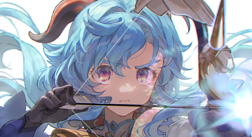 &gt;:( 1girl absurdres amos'_bow_(genshin_impact) bangs bare_shoulders bell black_gloves blue_hair bow_(weapon) close-up detached_sleeves drawing_bow ganyu_(genshin_impact) genshin_impact gloves highres holding holding_bow_(weapon) holding_weapon horns long_hair neck_bell purple_eyes solo sonomura upper_body v-shaped_eyebrows weapon