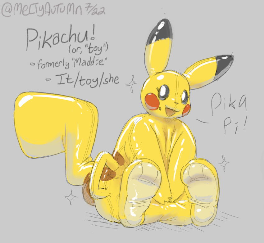 2022 absurd_res ambiguous_gender anthro anthrofied biped black_body digital_drawing_(artwork) digital_media_(artwork) generation_1_pokemon glistening handle_bar hi_res living_sex_toy looking_at_viewer mammal meltyautumn nintendo nonbinary_(lore) open_mouth pikachu pokemon pokemon_(species) pokemorph red_body red_cheeks rodent rubber simple_background smile solo video_games yellow_body