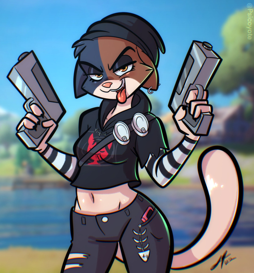 2022 anthro bandolier beanie black_body black_clothing black_fur blurred_background bottomwear brown_body brown_fur calico_cat cel_shading cellphone clothing dated day denim denim_clothing domestic_cat dual_wielding ear_piercing epic_games felid feline felis female fishbone fortnite fur grass gun guns_akimbo handgun hat headgear headwear hi_res holding_object holding_weapon hoodie jeans looking_at_viewer mammal meow_skulls_(fortnite) midriff mottled multicolored_body multicolored_fur narrowed_eyes navel open_mouth outside pants pattern_clothing phone piebald piercing pistol plant portrait pose print_clothing psicoyote ranged_weapon shaded signature sky smartphone smile solo striped_clothing striped_sleeves stripes tan_body tan_fur three-quarter_portrait tongue tongue_out topwear torn_bottomwear torn_clothing torn_jeans torn_pants tree video_games water weapon yellow_eyes