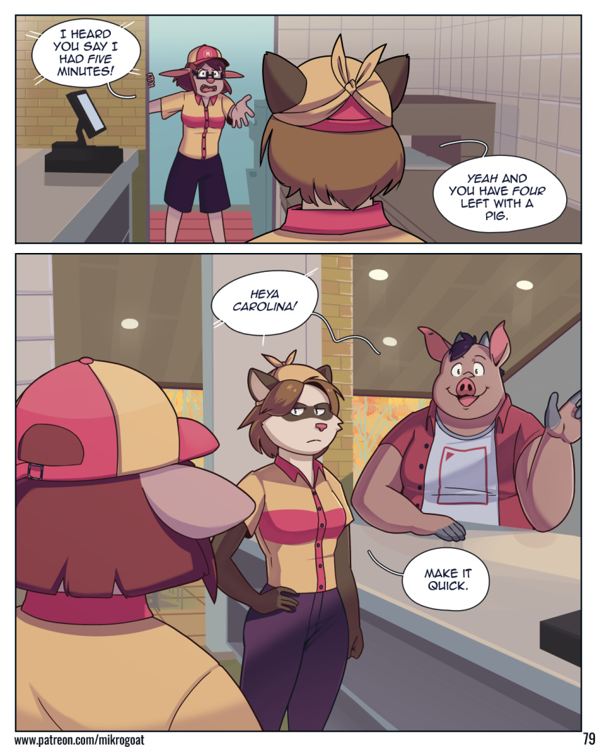 4:5 anthro basil_(mikrogoat) big_ears carolina_(mikrogoat) cash_register clothed clothing comic detailed_background dialogue digital_media_(artwork) domestic_ferret domestic_pig english_text fast_food fast_food_employee fast_food_restaurant female food fur gesture group hair hi_res horn inside looking_at_another male mammal mikrogoat mouse murid murine mustela mustelid musteline open_mouth overweight overweight_male polo_shirt rodent shirt speech_bubble suid suina sus_(pig) text topwear trio true_musteline unbuttoned_shirt url waving yelling