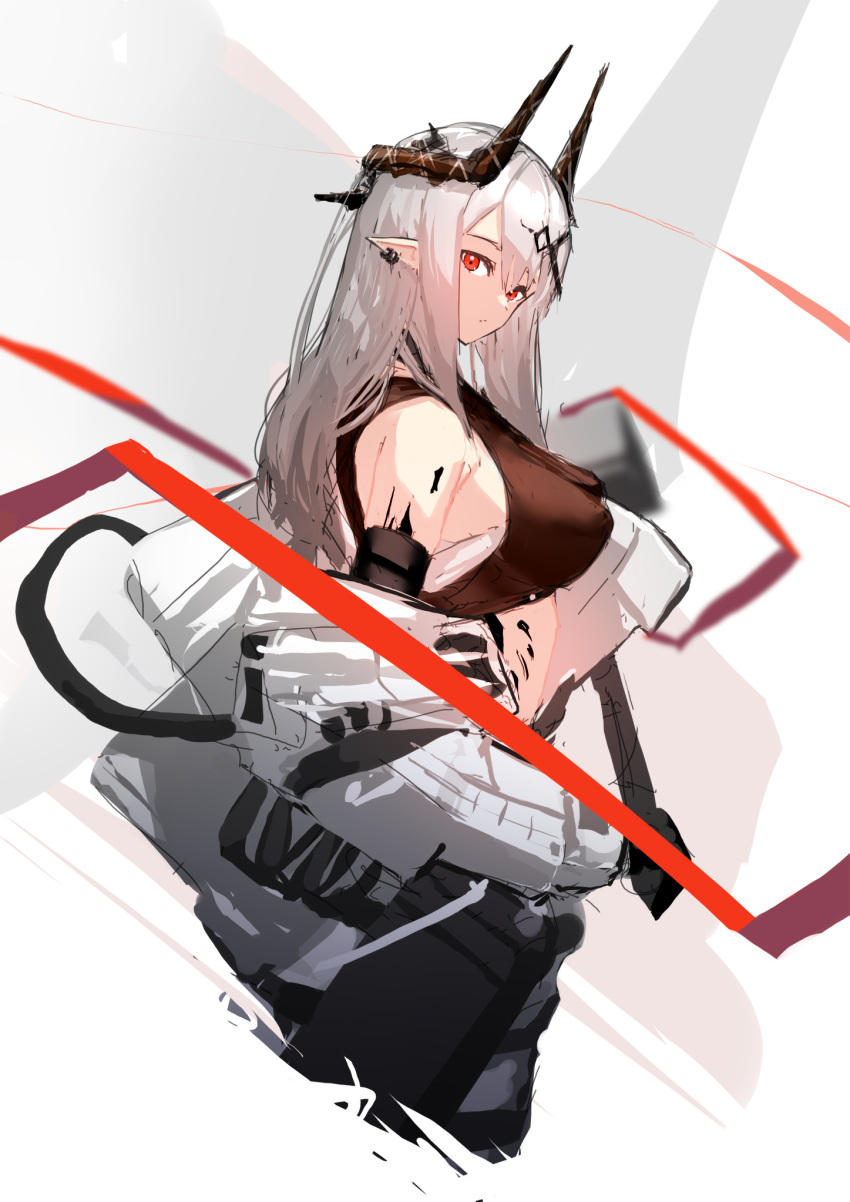 1girl arknights bangs bare_shoulders breasts closed_mouth ear_piercing from_side grey_hair hair_between_eyes hammer highres holding horns jumpsuit long_hair looking_at_viewer looking_to_the_side medium_breasts mudrock_(arknights) oripathy_lesion_(arknights) piercing pointy_ears red_eyes sledgehammer solo white_jumpsuit yxxrem