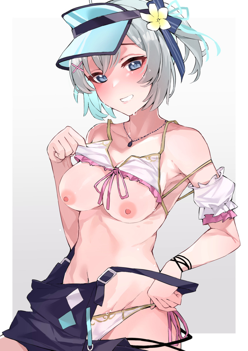 1girl absurdres bikini blue_eyes blush breasts dennou_shoujo_youtuber_siro detached_sleeves frills grey_hair grin highres jewelry navel necklace nipples ponytail siro_(dennou_shoujo_youtuber_siro) smile solo swimsuit virtual_youtuber visor_cap wet white_bikini yuukauta