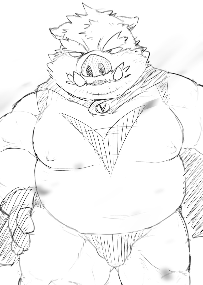 2022 absurd_res anthro belly big_belly bulge cape clothed clothing hi_res kemono kipchin_2nd00 male mammal moobs overweight overweight_male solo suid suina superhero sus_(pig) wild_boar