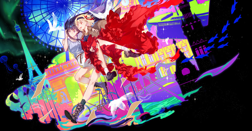 2girls absurdres arc_de_triomphe bicycle bird black_hair blonde_hair boat boots carrying castle commentary eiffel_tower elizabeth_tower ferris_wheel fish ground_vehicle hair_ribbon hairband highres inoue_takina jellyfish lamppost long_hair lycoris_recoil medium_hair multiple_girls nishikigi_chisato open_mouth princess_carry ribbon shirt shoes skirt sky smile star_(sky) starry_sky surreal venice walluka water watercraft yuri