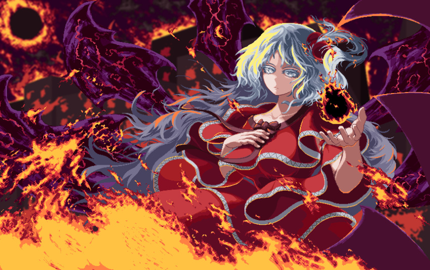 1girl absurdres black_fire bow burning capelet closed_mouth fiery_background fire grey_hair hair_bobbles hair_ornament hand_on_own_chest highres light_frown long_hair looking_at_viewer multiple_wings mystic_square nukekip one_side_up pixel_art pyrokinesis red_bow red_capelet shinki_(touhou) solo touhou touhou_(pc-98) upper_body wings