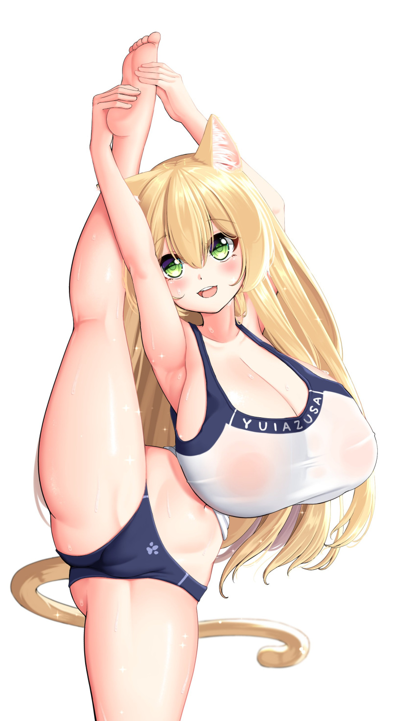 absurd_res animal_humanoid big_breasts breasts camel_toe cat_humanoid cleavage clothed clothing felid felid_humanoid feline feline_humanoid female flexible hi_res huge_breasts humanoid kaedeno_yuu mammal mammal_humanoid one_leg_up raised_leg simple_background solo splits spread_legs spreading standing vertical_splits white_background