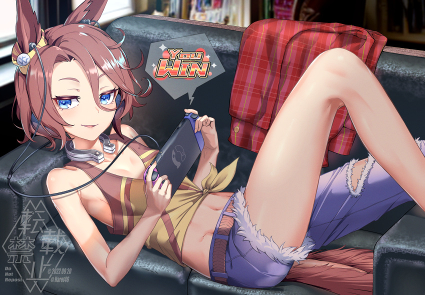 1girl animal_ears asymmetrical_clothes bangs bare_shoulders blue_eyes blurry blurry_background breasts brown_hair cleavage collarbone commentary_request couch cutoffs denim ear_ornament earphones groin hair_between_eyes handheld_game_console highres holding holding_handheld_game_console horse_ears horse_girl horse_tail horseshoe horseshoe_ornament indoors jacket jacket_removed jeans kagami_(haret46) knee_up light_blush long_bangs looking_at_viewer midriff narita_taishin_(umamusume) navel nintendo_switch on_couch pants parted_lips plaid plaid_jacket red_jacket shadow shirt short_hair sidelocks single_pantsleg sitting sleeveless sleeveless_shirt small_breasts smile solo tail tied_shirt torn_clothes torn_pants umamusume watermark yellow_shirt