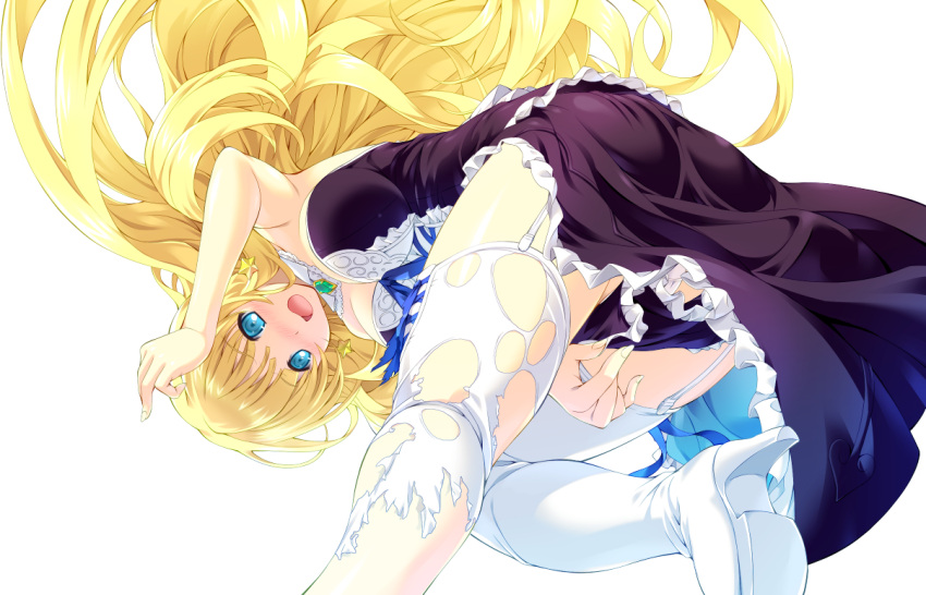 bangs between_legs blonde_hair blue_eyes blush boots breasts cleavage dress earrings erika_anders floating_hair garter_straps hand_between_legs high_heels jewelry large_breasts long_hair mizunezumi non-web_source official_art open_mouth photoshop_(medium) re;lord_dai_san_shou star_(symbol) star_earrings thigh_boots torn_clothes transparent_background