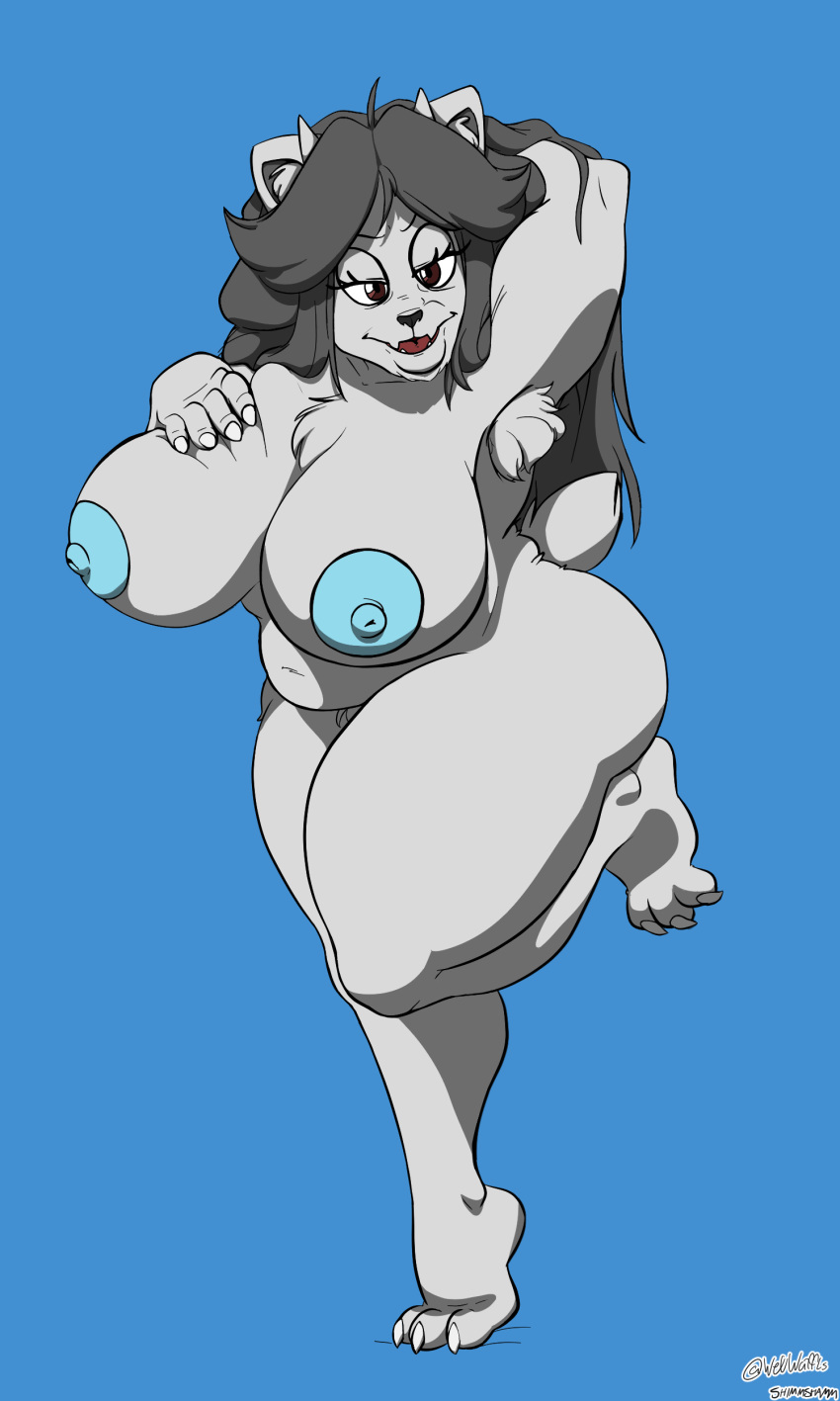 absurd_res anthro areola big_breasts blue_areola blue_background blue_nipples bovid breasts caprine claws female fur goat grey_hair groping_breasts hair hi_res horn mammal nipples shimmshamm simple_background slightly_chubby slightly_chubby_female solo tem temriel_(temmieverse) undertale_(series) wetwaffls white_body white_fur