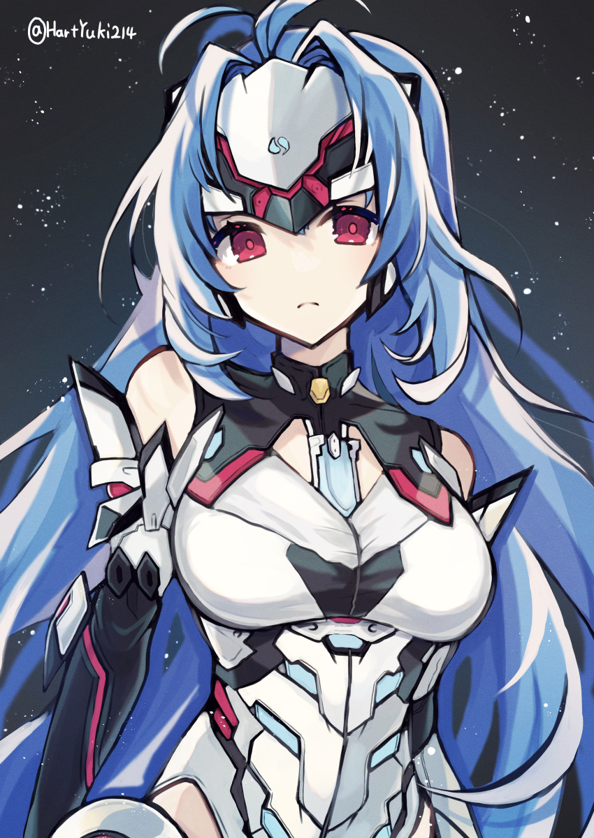 1girl absurdres android blue_hair breasts chest_jewel forehead_protector glowing_crystal haruto_yuki highres kos-mos kos-mos_re: large_breasts leotard long_hair red_eyes solo very_long_hair white_leotard xenoblade_chronicles_(series) xenoblade_chronicles_2 xenosaga