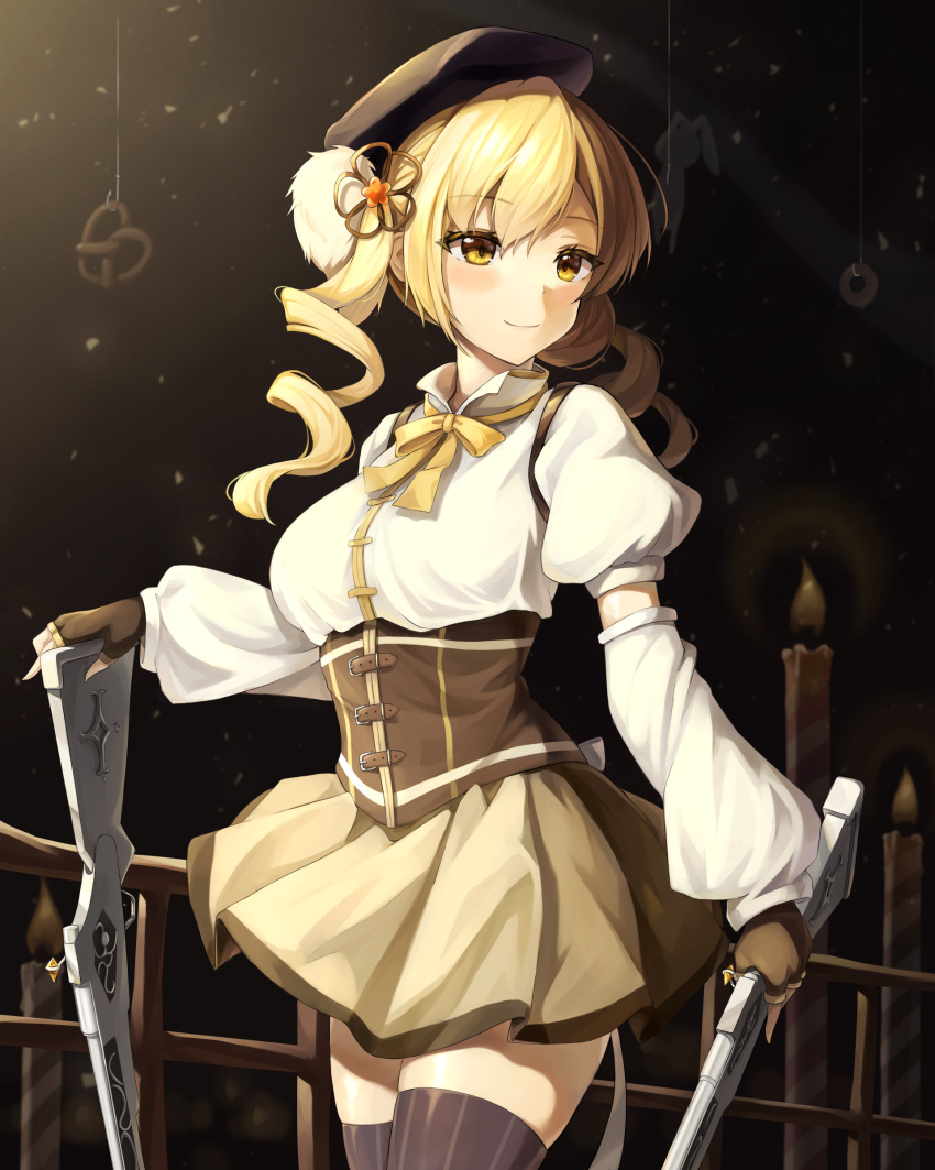 1girl absurdres bangs beret black_headwear blonde_hair blush breasts brown_corset brown_gloves brown_thighhighs closed_mouth commentary corset cowboy_shot detached_sleeves drill_hair fingerless_gloves gloves gun hair_ornament hat high_collar highres long_sleeves looking_away magical_girl magical_musket mahou_shoujo_madoka_magica medium_breasts neck_ribbon osom9525 puffy_short_sleeves puffy_sleeves ribbon short_sleeves smile solo striped striped_thighhighs thighhighs tomoe_mami twin_drills twintails vertical-striped_thighhighs vertical_stripes weapon yellow_eyes yellow_ribbon zettai_ryouiki