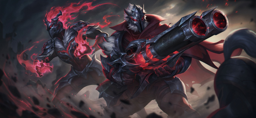 2boys absurdres armor battlefield brand_(league_of_legends) c_home fantasy fiery_hair fighting_stance fire flaming_hand gloves glowing glowing_eyes graves_(league_of_legends) gun helmet highres league_of_legends league_of_legends:_wild_rift leg_armor magic male_focus marauder_brand marauder_graves mature_male multiple_boys official_alternate_costume official_art outdoors red_eyes rock scarf shoulder_armor sky smoke weapon