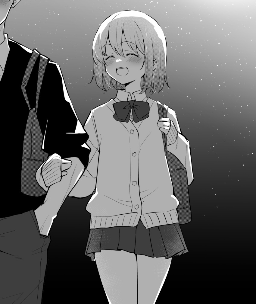 1boy 1girl bag blush bow bowtie cardigan commentary cowboy_shot hand_in_pocket highres holding_another's_arm long_sleeves miniskirt mm_(mm_chair) monochrome night night_sky open_mouth original pleated_skirt school_bag school_uniform short_hair skirt sky sleeves_past_wrists smile