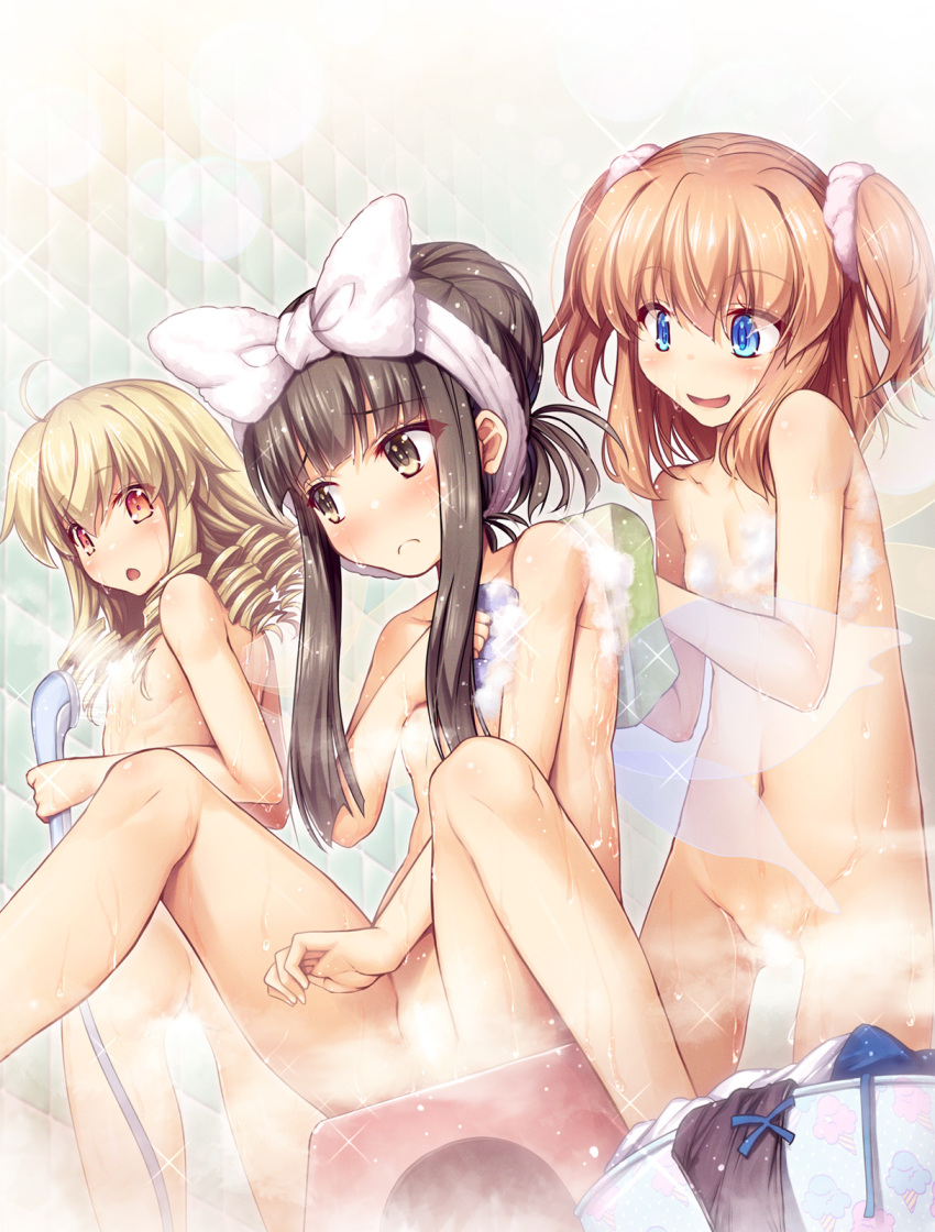 3girls :d ahoge ass bangs bath_stool bathroom black_eyes black_hair black_panties blonde_hair blue_eyes blunt_bangs blush breasts chestnut_mouth chima_q clothes_removed commentary_request completely_nude convenient_censoring drill_hair fairy_wings frown hair_between_eyes hair_bun hair_up highres holding holding_shower_head light_brown_hair long_hair luna_child multiple_girls navel nude open_mouth orange_eyes panties panties_removed shower_head sidelocks sitting small_breasts smile star_sapphire steam steam_censor stool sunny_milk tile_wall tiles touhou twintails underwear washing_back water wet wings