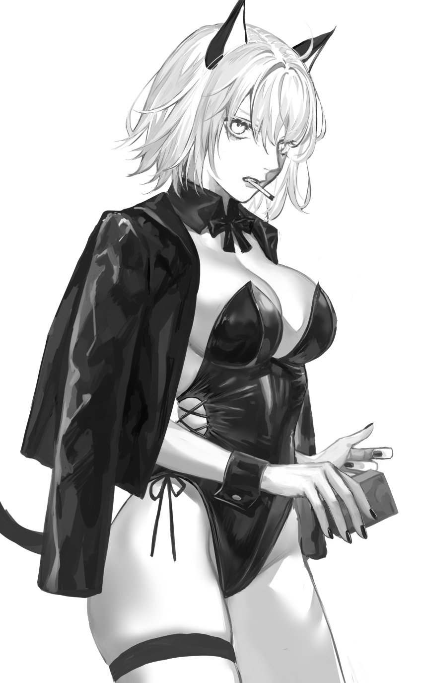 absurdres animal_ears bangs breasts cat_ears cat_tail cigarette eyebrows_hidden_by_hair fake_animal_ears fake_tail fate/grand_order fate_(series) greyscale hair_between_eyes highres jacket jeanne_d'arc_alter_(avenger)_(fate) jeanne_d'arc_alter_(fate) leg_belt looking_at_viewer monochrome mouth_hold nail_polish nipi27 nontraditional_playboy_bunny playboy_bunny ribbon short_hair simple_background tail white_background wrist_cuffs