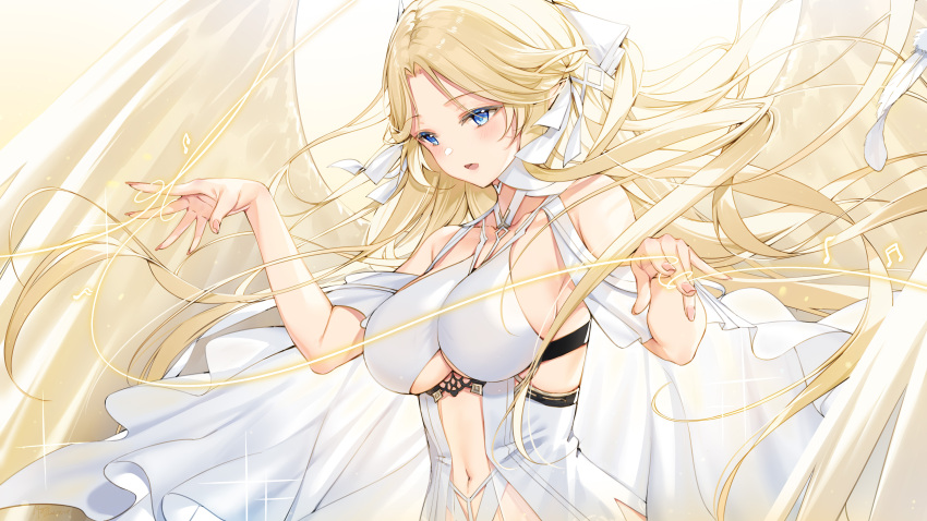 1girl absurdres azur_lane bangs bare_shoulders blonde_hair blue_eyes breasts brest_(azur_lane) clothing_cutout collarbone commentary cowboy_shot dress floating_hair hair_ribbon hands_up highres large_breasts leotard light_particles long_hair maya_g musical_note navel open_mouth parted_bangs revealing_clothes ribbon sidelocks solo sparkle symbol-only_commentary underboob underboob_cutout very_long_hair white_dress white_leotard white_ribbon wings yellow_wings