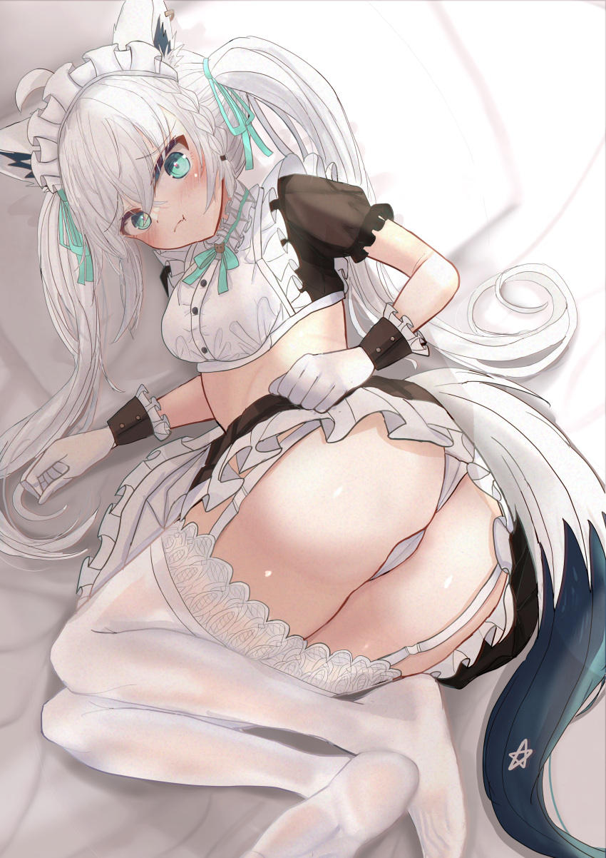 1girl absurdres ahoge alternate_costume animal_ear_fluff animal_ears ass bangs bed_sheet blush braid breasts commentary_request crop_top earrings enmaided fox_ears fox_girl fox_tail frilled_skirt frills garter_belt gloves green_eyes green_ribbon hair_between_eyes hair_ribbon highres hololive jewelry lace-trimmed_legwear lace_trim long_hair looking_at_viewer lying maid maid_headdress matudo_yuu on_side panties pantyshot pentagram pout ribbon shirakami_fubuki short_sleeves sidelocks single_braid skirt small_breasts solo tail thighhighs twintails underwear virtual_youtuber white_gloves white_hair white_panties white_thighhighs