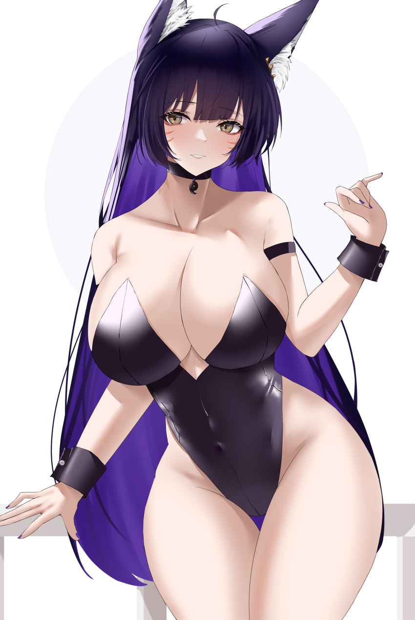 1girl absurdres animal_ear_fluff animal_ears azur_lane black_choker black_hair black_leotard breasts choker cleavage colored_inner_hair covered_navel facial_mark fox_ears fox_girl groin hand_up highres huge_breasts leotard long_hair multicolored_hair musashi_(azur_lane) musicatopos parted_lips purple_hair purple_nails solo thigh_gap tomoe_(symbol) very_long_hair wide_hips wrist_cuffs yellow_eyes