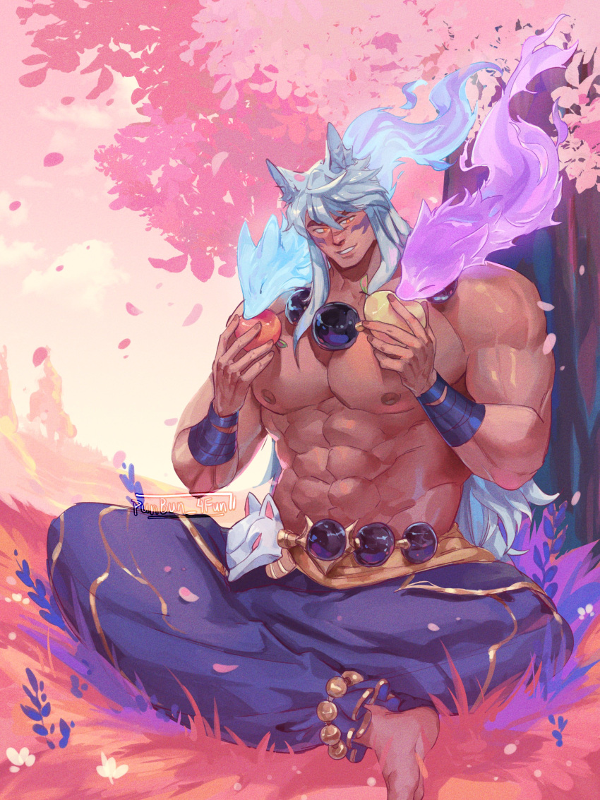 1boy abs absurdres alternate_costume animal_ears apple baggy_pants bara barefoot bead_anklet bead_belt bead_necklace beads belt cherry_blossoms cloud cloudy_sky crossed_legs falling_petals food fruit grass highres hitodama jewelry large_pectorals league_of_legends long_hair male_focus manly mature_male muscular muscular_male necklace nipples no_shirt official_alternate_costume outdoors pants pear pectorals petals punbun_4fun scar scar_on_face sett_(league_of_legends) sitting sky smile solo spirit spirit_blossom_(league_of_legends) spirit_blossom_sett thick_arms thick_eyebrows tree white_hair wristband yellow_eyes