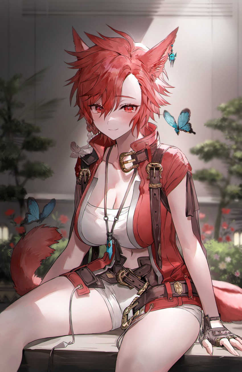 1girl animal_ears breasts bug butterfly cat_ears cat_tail cleavage clothing_cutout earrings fingerless_gloves gloves highres jewelry large_breasts muaooooo navel navel_cutout original plant red_eyes red_fur red_hair red_shirt shirt shorts single_earring sitting smile solo tail thighs tree whistle whistle_around_neck white_shorts