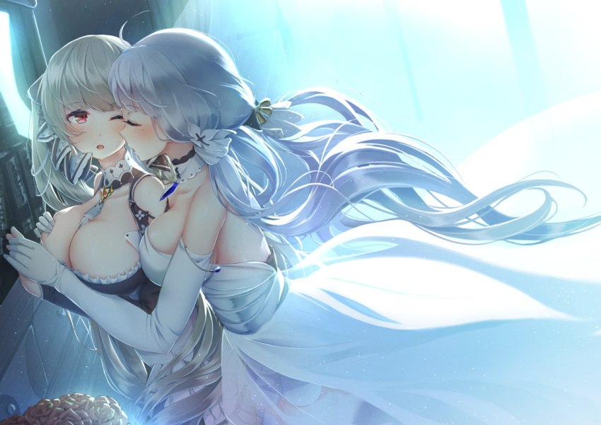 2girls azur_lane backless_dress backless_outfit bare_shoulders between_breasts blush breast_grab breast_press breasts choker cleavage closed_eyes clothing_cutout dress elbow_gloves floating_hair formidable_(azur_lane) frilled_dress frills gloves grabbing grey_hair hand_on_another's_chest holding_hands illustrious_(azur_lane) imo_bouya large_breasts lolita_fashion long_hair looking_at_another mole mole_under_eye multiple_girls necktie necktie_between_breasts parted_lips red_eyes shoulder_cutout two-tone_choker upper_body white_dress white_gloves white_hair