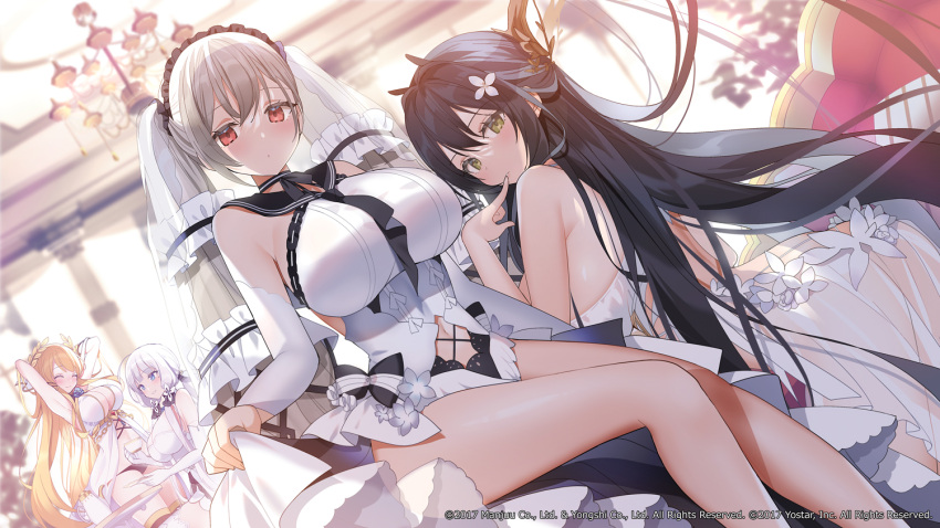 4girls absurdly_long_hair ass azur_lane bent_over black_choker black_hair black_panties black_sailor_collar blonde_hair blue_eyes blue_flower blue_gemstone blue_rose breasts center_opening chandelier choker cleavage clothing_cutout cup dress dress_flower elbow_gloves feather_dress flower formidable_(azur_lane) formidable_(timeless_classics)_(azur_lane) gem gloves gold_trim green_eyes grey_hair hair_flower hair_on_horn hair_ornament head_wreath holding holding_cup horns huge_breasts illustrious_(azur_lane) indomitable_(azur_lane) indoors kurot large_breasts laurel_crown long_hair looking_at_viewer looking_back mole mole_under_eye multiple_girls navel_cutout official_alternate_costume panties red_eyes rose sailor_collar see-through see-through_dress showgirl_skirt sitting sleeveless sleeveless_dress strapless strapless_dress teacup twintails two-tone_dress two-tone_ribbon underwear very_long_hair victorious_(azur_lane) white_dress white_flower white_gloves white_hair