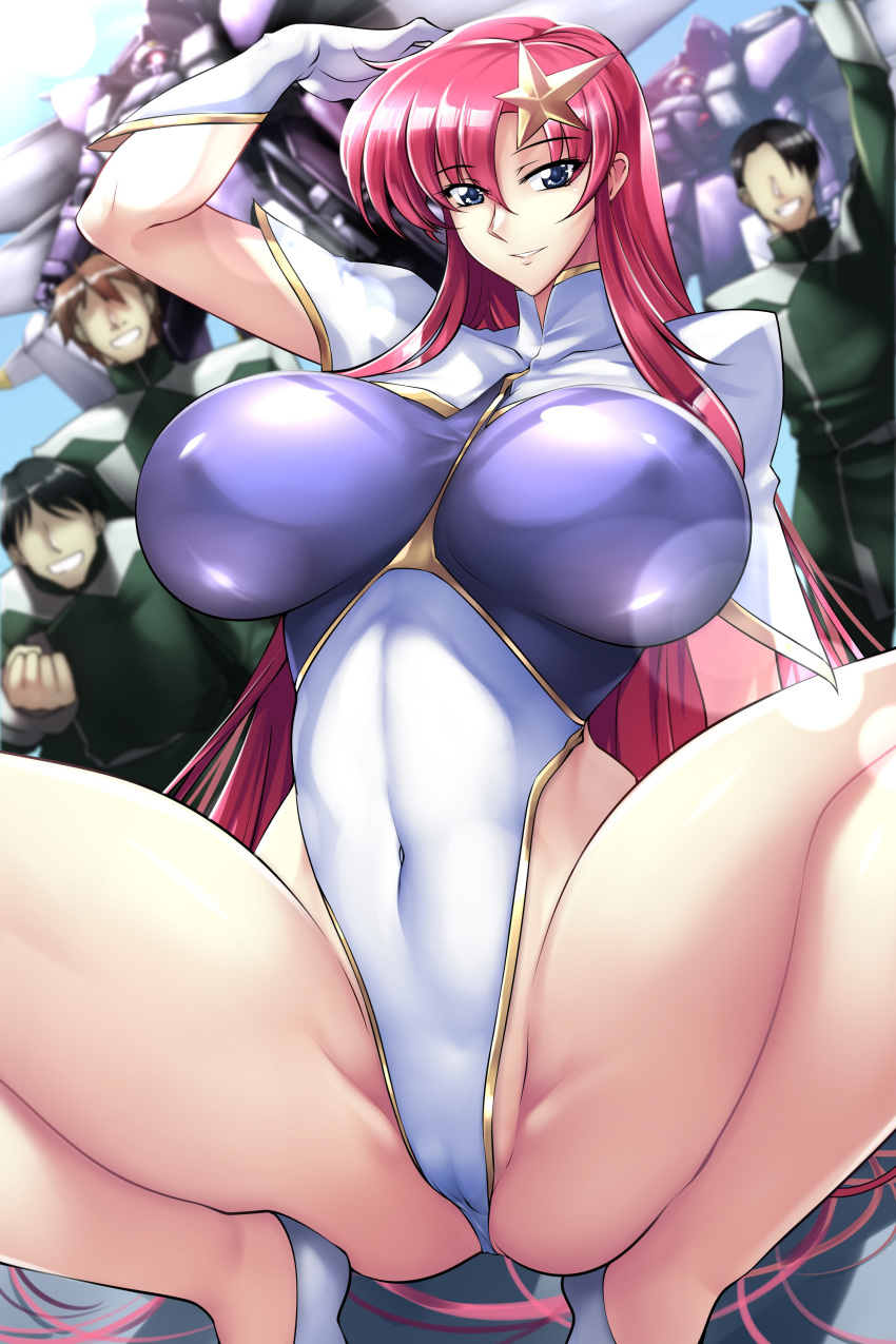 1girl 3boys absurdres blue_eyes breasts cameltoe clenched_hand covered_nipples faceless faceless_male gloves green_jacket gundam gundam_seed gundam_seed_destiny haganef hair_behind_ear hair_ornament highres jacket large_breasts lens_flare leotard long_hair looking_at_viewer mecha meer_campbell military military_uniform mobile_suit multiple_boys one-eyed purple_leotard robot science_fiction smile squatting star_(symbol) star_hair_ornament two-tone_leotard uniform very_long_hair white_gloves white_leotard zaku_warrior