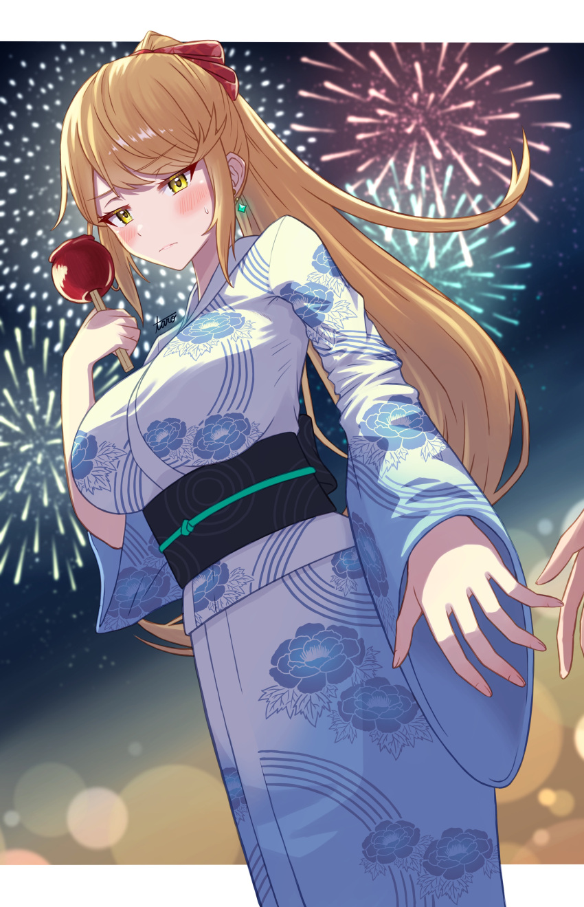 1girl 1other absurdres alternate_costume apple bangs blonde_hair breasts candy candy_apple earrings floral_print food fruit glowing glowing_earrings half-closed_eyes highres holding holding_food japanese_clothes jewelry kimono large_breasts long_hair mythra_(xenoblade) signature single_earring solo_focus swept_bangs taro_(peach_taro51) tsundere very_long_hair xenoblade_chronicles_(series) xenoblade_chronicles_2 yellow_eyes
